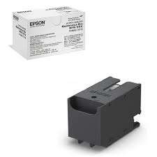 Front view of Epson T6716 Original Maintenance Box next to its packaging