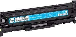 Close-up of Canon 718C Cyan Toner Cartridge showing model number and color band