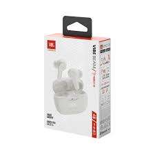 Product shot of White JBL Wave Beam Wireless Earbuds and packaging
