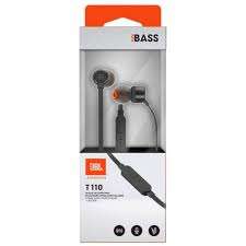 Front view of Black JBL Tune 110 Wired In-Ear Headphones with cable