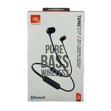 Package Front view of Black JBL Tune 125BT Wireless In Ear Headphones with flat cable