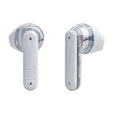 Close-up of transparent design on JBL Tune Flex Ghost earbuds