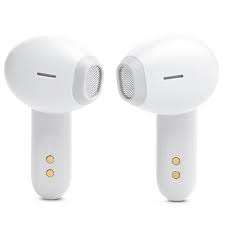 Close-up of White JBL Wave Flex earbuds with open-ear design