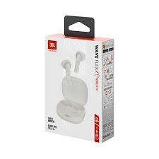 View of White JBL Wave Flex In-Ear Wireless Earphones in their retail Packaging.