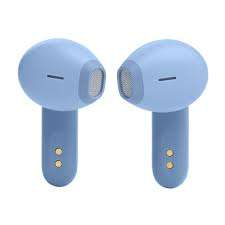 Close-up of Blue JBL Wave Flex earbuds with open-ear design
