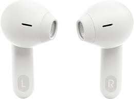 Close-up of White JBL Tune Flex earbuds showing open-stick design