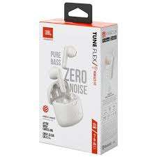 Package view of White JBL Tune Flex earbuds and case on a clean workspace