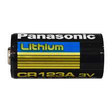 Side profile of Panasonic CR123 3V Lithium Battery on white background