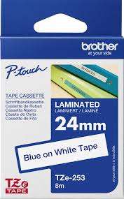 Brother Laminated TZE-253 Tape 24mm for durable and long-lasting labels in various environments.