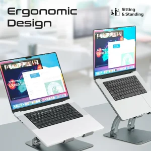 Front view of Promate Aluminum Laptop Stand (Deskmate-7) holding a MacBook