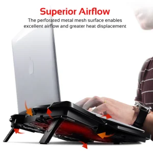 Promate Height Adjustable Laptop Cooling Pad with laptop on top, fans glowing