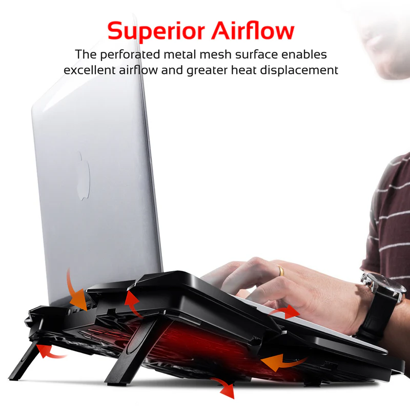 Promate Height Adjustable Laptop Cooling Pad with laptop on top, fans glowing