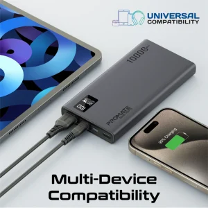 Promate 10000mAh Smart Charging Power Bank (BOLT-10PD) next to smartphone
