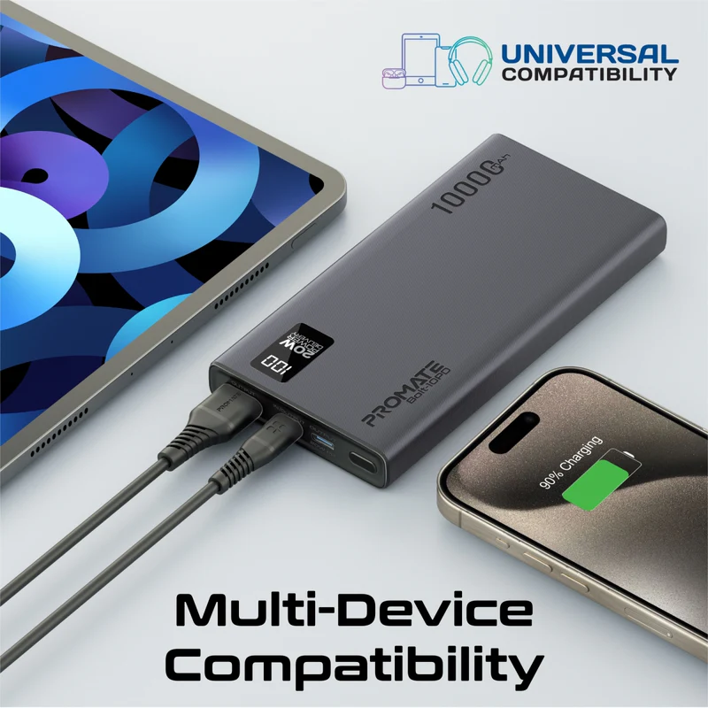 Promate 10000mAh Smart Charging Power Bank (BOLT-10PD) next to smartphone
