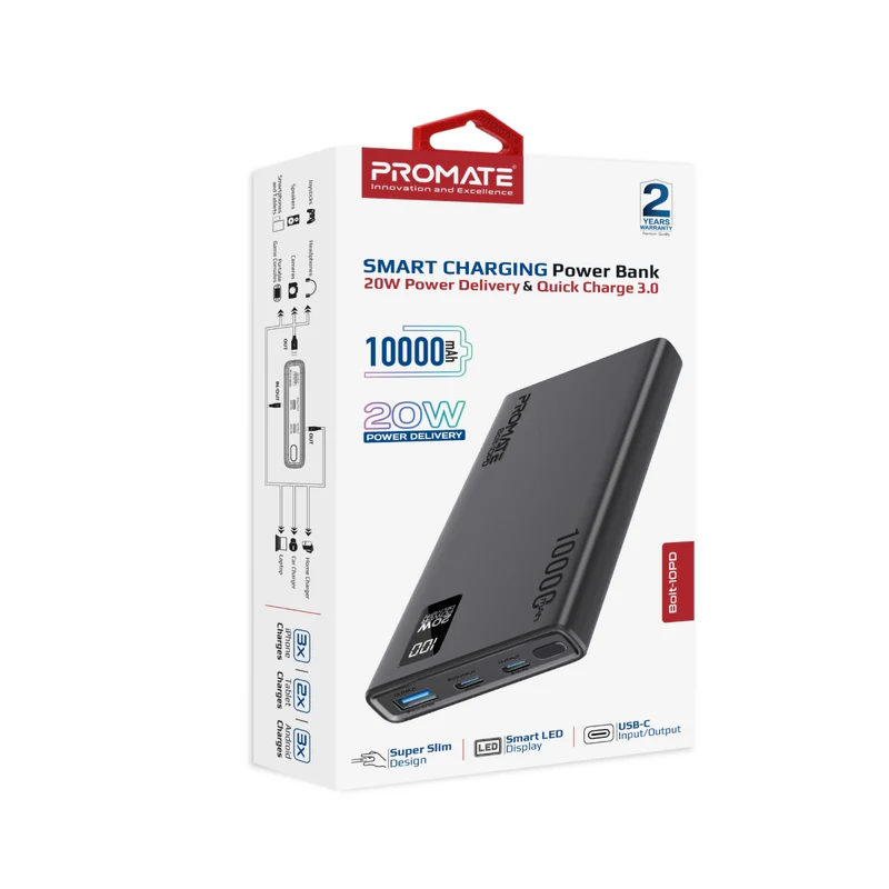 Promate 10000mAh Smart Charging Power Bank (BOLT-10PD) in retail packaging
