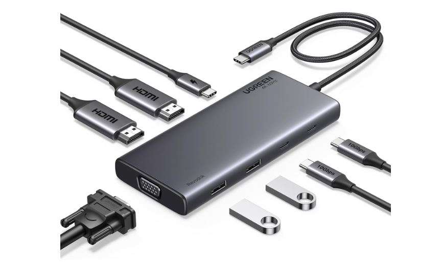 UGREEN CM639 8 in 1 Multifunction Adapter USB-C to USB3.2 (2 Port) + USB-C3.2 ( 2 port) + 4K HDMI ( 2 Port) + VGA + PD port Converter (UG- 35588)