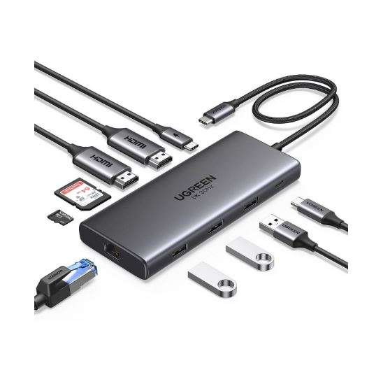 Ugreen CM639 10-in-1 USB-C Multifunction Adapter USB-C to USB3.0 (1 port) + USB2.0 (2 port) +USB-C 3.0 (1 port) + 4K HDMI (2 Port) + RJ45 Gigabit + SD & TF +PD port Converter (UG- 15534)
