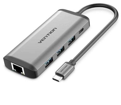 Vention USB C Multi-function 8 in 1 Docking Station Type-C to HDMI/USB3.0*3/RJ45/TF/SD/PD Converter 0.15M Gray Metal Type ( 87W) (CNDHB)