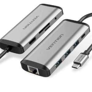 Vention USB C Multi-function 9 in 1 Docking Station Type-C to HDMI/USB3.0*3/TF/SD/RJ45/3.5mm/PD Docking Station 0.15m Gray Metal Type ( 87W) (THAHB)
