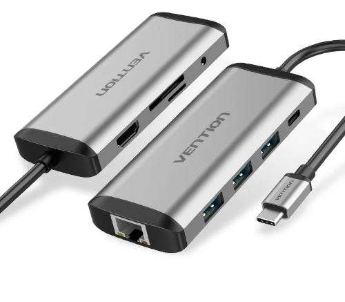 Vention USB C Multi-function 9 in 1 Docking Station Type-C to HDMI/USB3.0*3/TF/SD/RJ45/3.5mm/PD Docking Station 0.15m Gray Metal Type ( 87W) (THAHB)