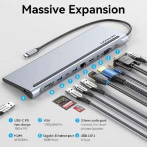 Vention 11 in 1 Multi-function USB-C to HDMI/VGA/USB-C Gen 1/USB 3.0x2/USB 2.0/RJ45/SD/TF/TRRS 3.5mm/PD Docking Station 0.25m Gray Metal Type (THTHC)