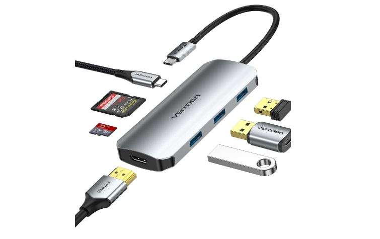 Vention USB C Multi-function 7 in 1 Docking Station USB-C to HDMI/USB 3.0x3/SD/TF/PD Docking Station Gray 0.15M Aluminum Alloy Type (TOJHB)