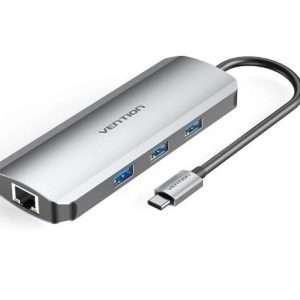 Vention USB C Multi-function 8 in 1 Docking Station to HDMI/USB3.0x3/RJ45/SD/TF/PD Docking Station 0.15M Gray Aluminum Alloy Type (100w) (TOKHB)