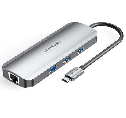 Vention USB C Multi-function 8 in 1 Docking Station to HDMI/USB3.0x3/RJ45/SD/TF/PD Docking Station 0.15M Gray Aluminum Alloy Type (100w) (TOKHB)