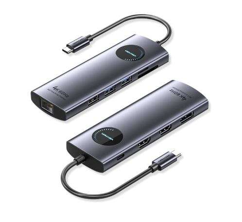 Vention USB C Multi-function 10 in 1 Docking Station USB-C to HDMI/ VGA/USB3.0*2/USB2.0*2/RJ45/TF/SD/PD Docking Station 0.15M Gray Mirrored Surface Type (TQWHB)