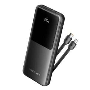Vention 10000mAh Power Bank (Micro-USB + USB-C + USB-A + USB-A) with Integrated USB-C and Lightning Cables 22.5W Black LED Display Type (FHOB0)