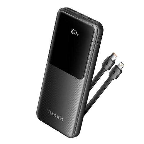 Vention 10000mAh Power Bank (Micro-USB + USB-C + USB-A + USB-A) with Integrated USB-C and Lightning Cables 22.5W Black LED Display Type (FHOB0)