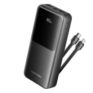 Vention 20000mAh Power Bank (Micro-USB + USB-C + USB-A + USB-A) with Integrated USB-C and Lightning Cables 22.5W Black LED Display Type (FHPB0)