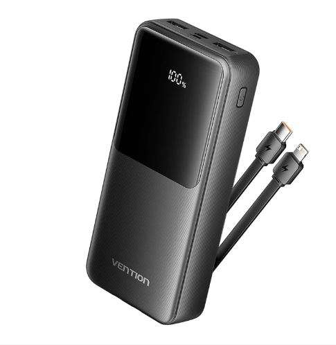 Vention 20000mAh Power Bank (Micro-USB + USB-C + USB-A + USB-A) with Integrated USB-C and Lightning Cables 22.5W Black LED Display Type (FHPB0)