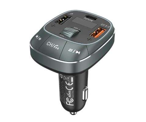 Vention 3-Port USB (C + A + A) Car Charger with FM Transmitter (30W/18W/5W) Black ABS Type (FFLB0)