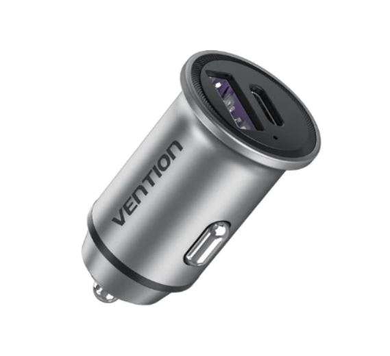 Vention Two-Port USB A+A(30+30) Car Charger Gray Mini Style Aluminium Alloy Type (FFFHO)