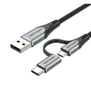 Vention USB 2.0 A Male to 2-in-1 Micro-B&USB-C Male 3A Cable 0.5M Gray Aluminum Alloy Type (CQEHD)