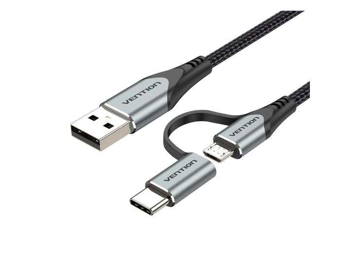 Vention USB 2.0 A Male to 2-in-1 Micro-B&USB-C Male 3A Cable 0.5M Gray Aluminum Alloy Type (CQEHD)