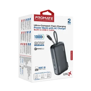 Retail packaging of Promate 10000mAh Power Bank (PowerPack-10C) with features highlighted