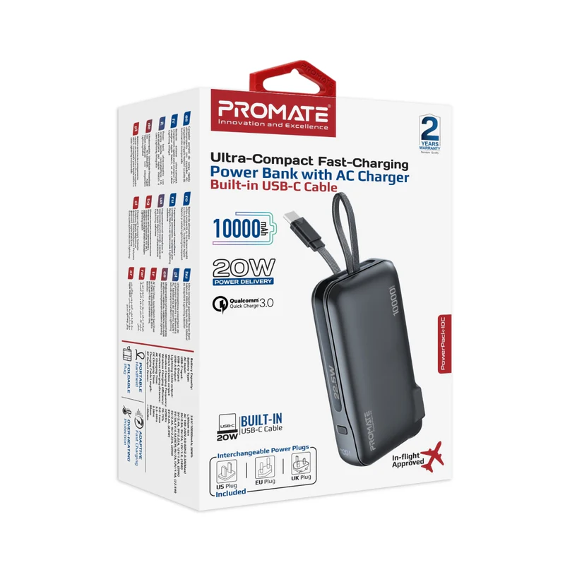 Retail packaging of Promate 10000mAh Power Bank (PowerPack-10C) with features highlighted