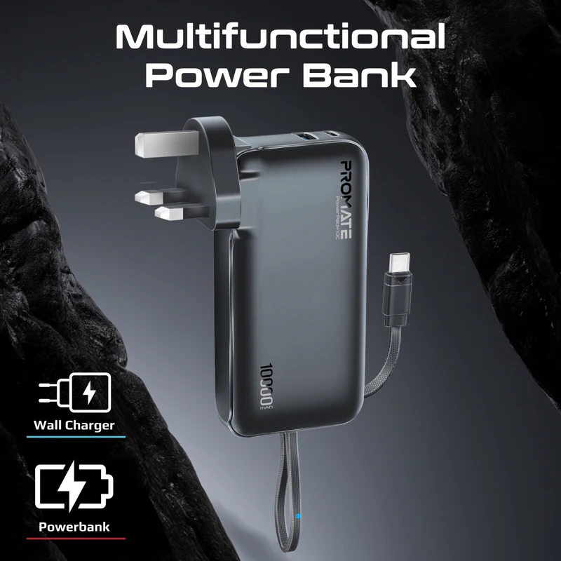 Front view of Promate 10000mAh Power Bank (PowerPack-10C) showing LED battery indicators
