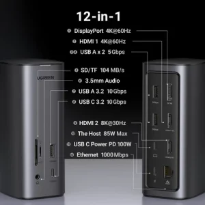 UGREEN 12-in-1 USB-C Multifunction Docking Station Pro - CM555 USB-C to SD/TF Card Slot + USB-A 3.2 Gen 2 + 3.5mm Port + USB-C 3.2 Gen 2 + DisplayPort (4K@60Hz) + USB-A 3.2 Gen 1 (2 Ports) + HDMI (4K@60Hz) + HDMI (8K@30Hz) + RJ45 Gigabit Ethernet + USB-C PD