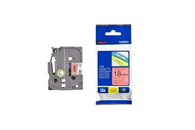 Brother TZ2-441 – 18mm x 8m* – Black on red laminated label tape